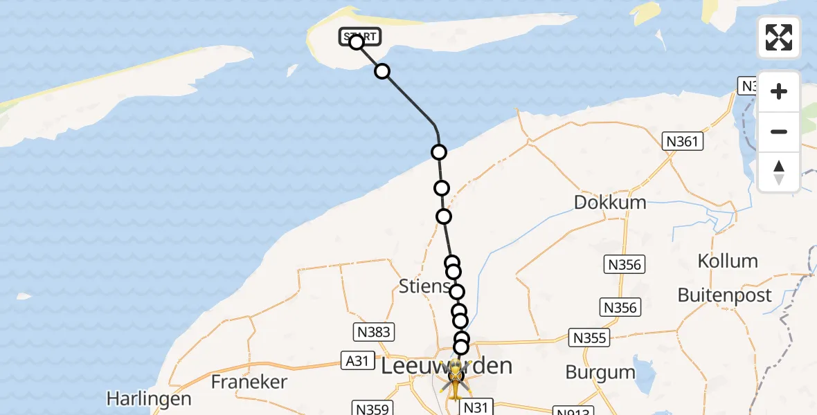 Vluchtroute Ambulancehelikopter Ameland Vliegveld Ballum - Leeuwarden Medical Center Heliport, 19 september 2026, 12:26