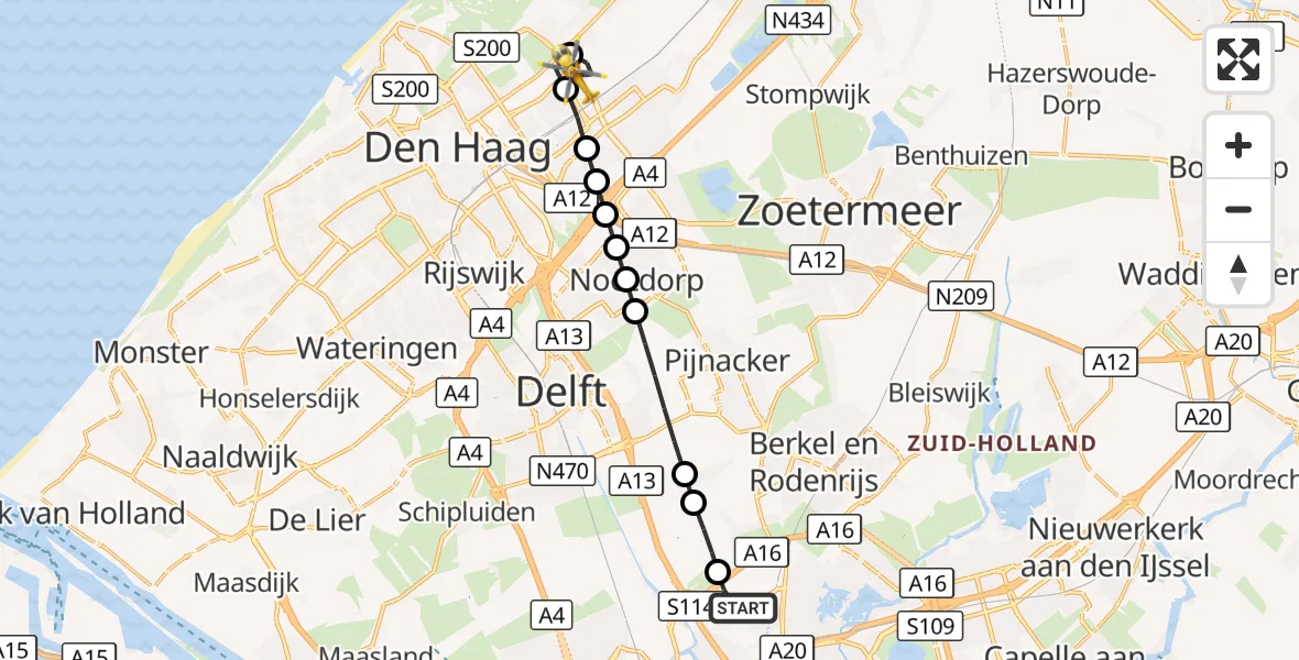 Vluchtroute Traumahelikopter Rotterdam The Hague Airport - Wassenaar, 19 september 2026, 14:07
