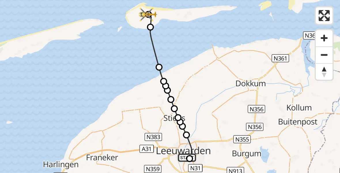 Vluchtroute Ambulancehelikopter Leeuwarden Medical Center Heliport - Ameland Vliegveld Ballum, 19 september 2026, 16:53