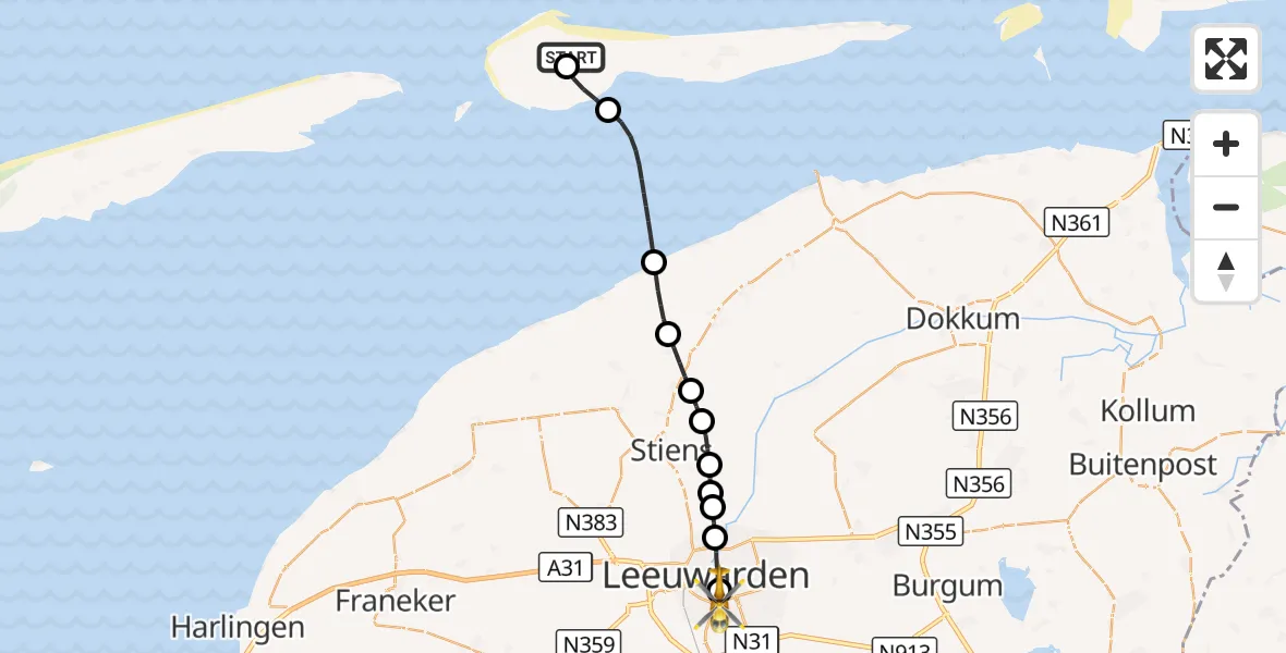 Vluchtroute Ambulancehelikopter Ameland Vliegveld Ballum - Leeuwarden Medical Center Heliport, 19 september 2026, 17:17