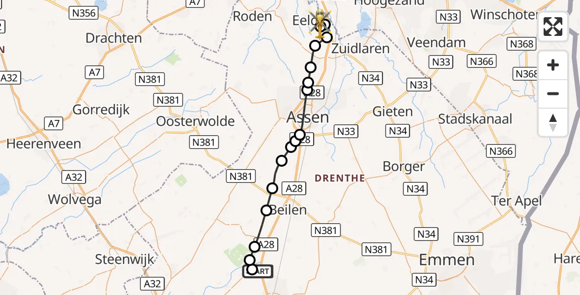 Vluchtroute Traumahelikopter Eursinge - Groningen Airport Eelde, 19 september 2026, 18:11