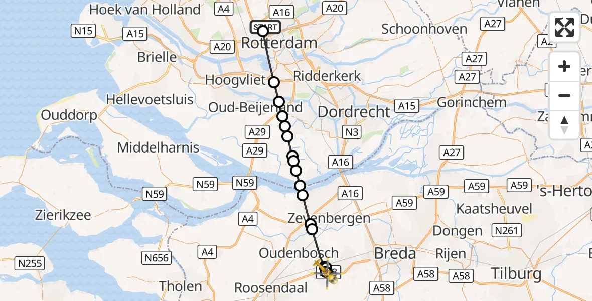 Vluchtroute Traumahelikopter Rotterdam The Hague Airport - St. Willebrord, 19 september 2026, 18:38