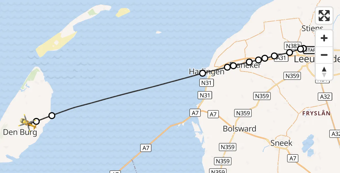 Vluchtroute Ambulancehelikopter Vliegbasis Leeuwarden - De Waal, 19 september 2026, 18:40