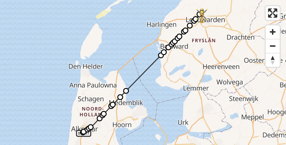 Vluchtroute Ambulancehelikopter Alkmaar - Vliegbasis Leeuwarden, 19 september 2026, 20:06