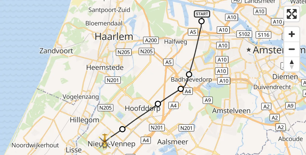 Vluchtroute Traumahelikopter Amsterdam Heliport - Nieuw-Vennep, 19 september 2026, 20:52