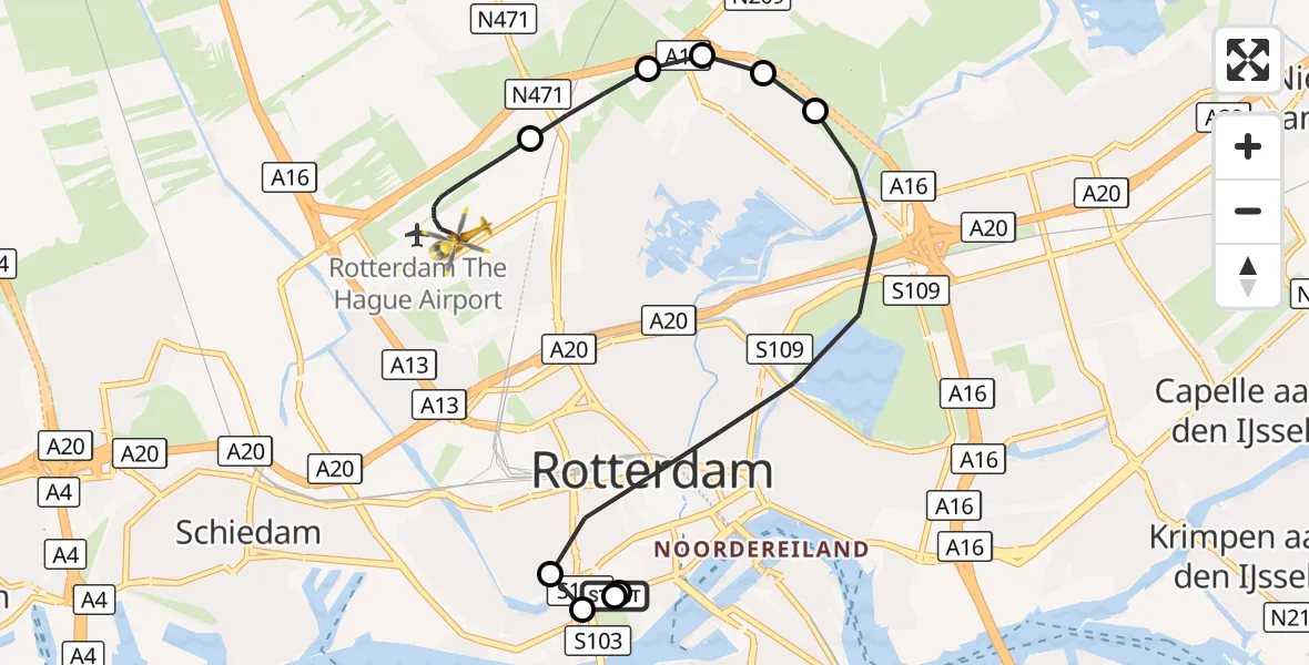Vluchtroute Traumahelikopter Erasmus MC - Rotterdam The Hague Airport, 19 september 2026, 21:13