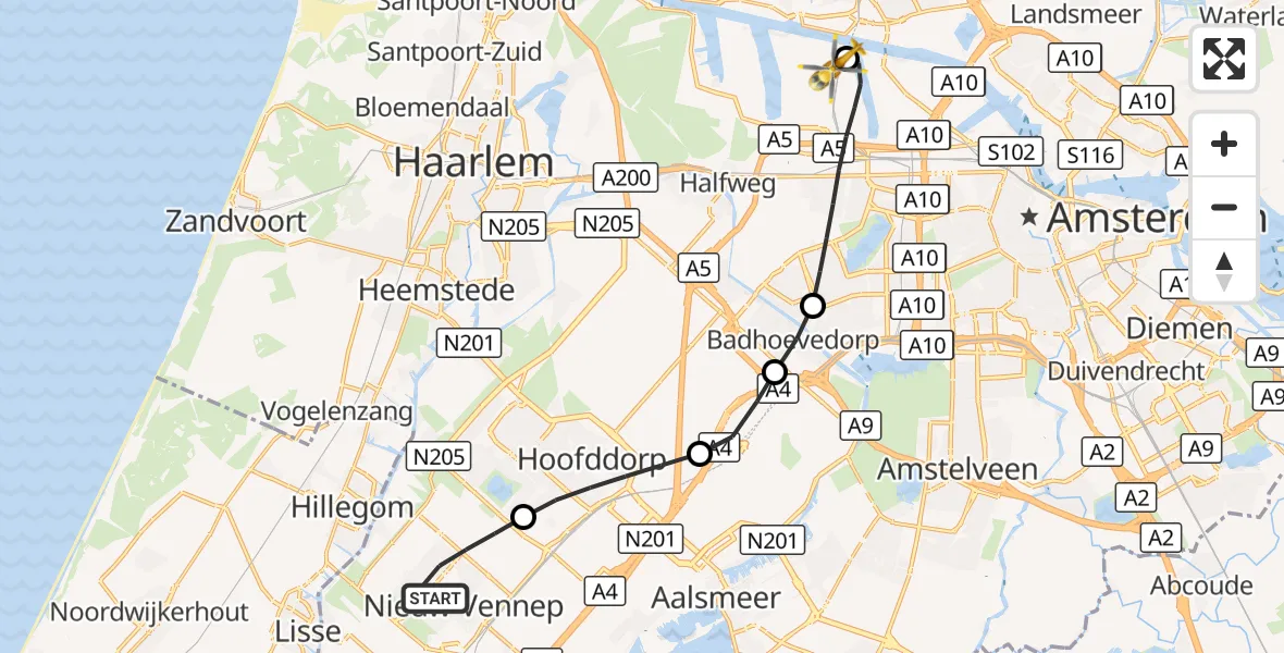 Vluchtroute Traumahelikopter Nieuw-Vennep - Amsterdam Heliport, 19 september 2026, 21:17
