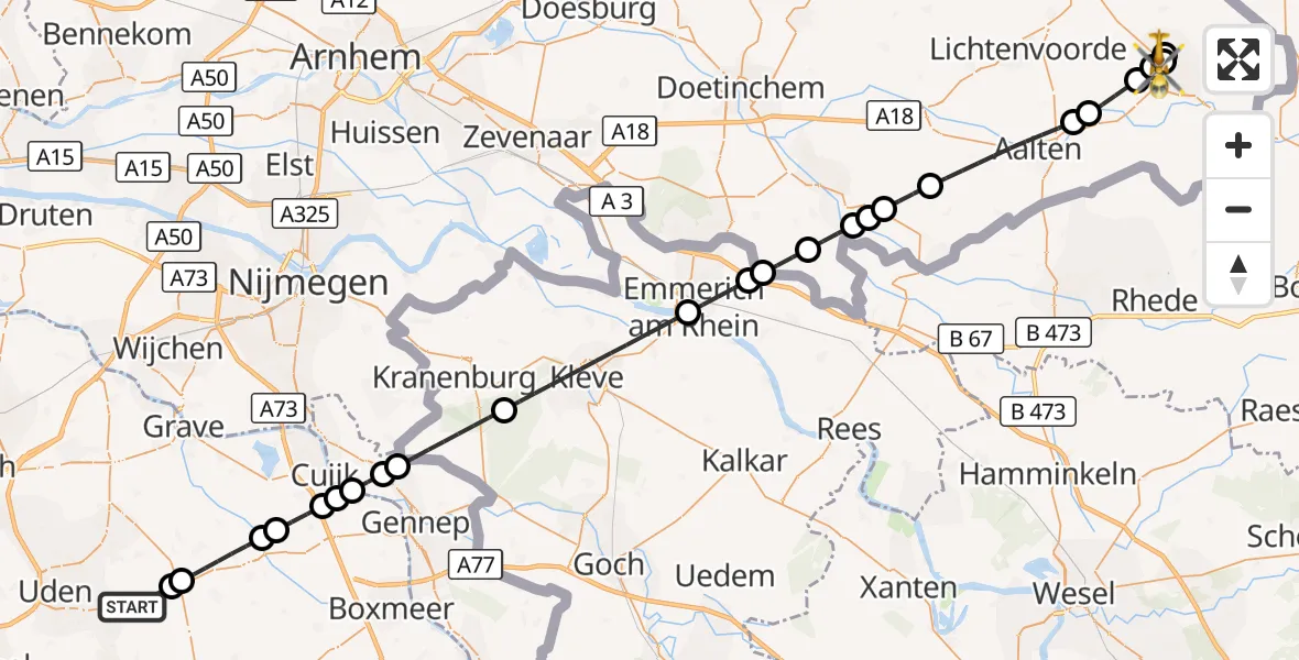 Vluchtroute Traumahelikopter Vliegbasis Volkel - Queen Beatrix Regional Hospital Heliport, 19 september 2026, 22:39