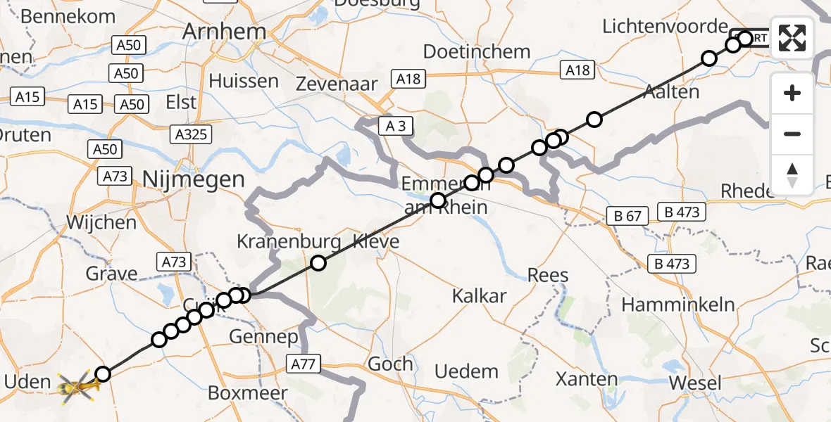 Vluchtroute Traumahelikopter Queen Beatrix Regional Hospital Heliport - Vliegbasis Volkel, 19 september 2026, 23:13