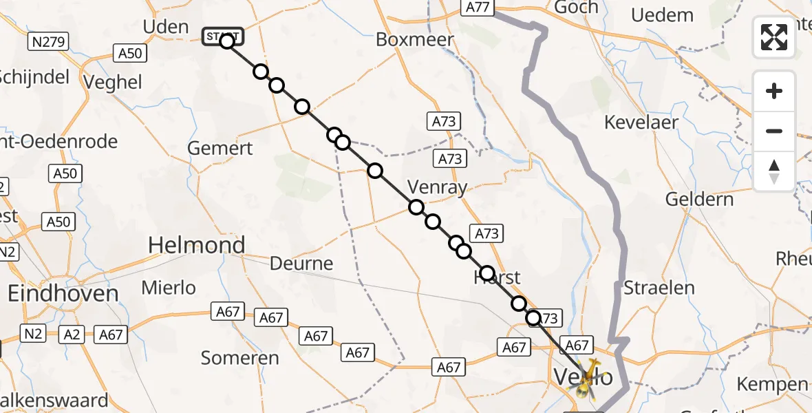 Vluchtroute Traumahelikopter Vliegbasis Volkel - Venlo, 20 september 2026, 01:15