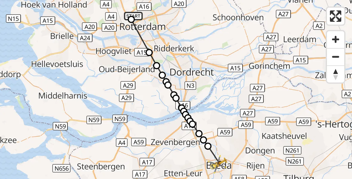 Vluchtroute Traumahelikopter Rotterdam The Hague Airport - Breda, 20 september 2026, 02:37