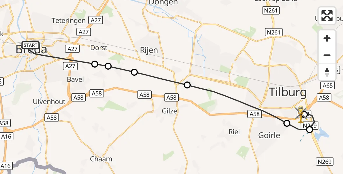 Vluchtroute Traumahelikopter Breda - St. Elisabeth Hospital Heliport, 20 september 2026, 03:18