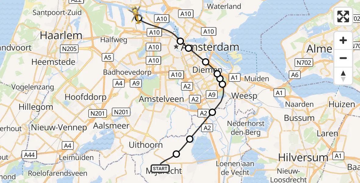 Vluchtroute Traumahelikopter Mijdrecht - Amsterdam Heliport, 20 september 2026, 09:47