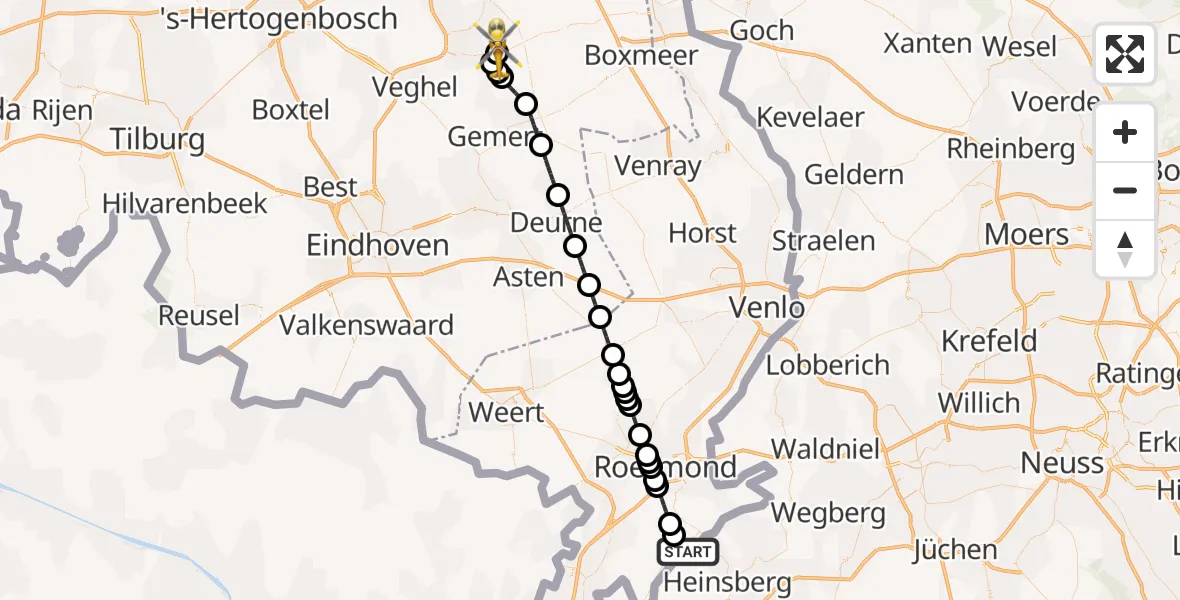 Vluchtroute Traumahelikopter Maria Hoop - Vliegbasis Volkel, 20 september 2026, 12:18