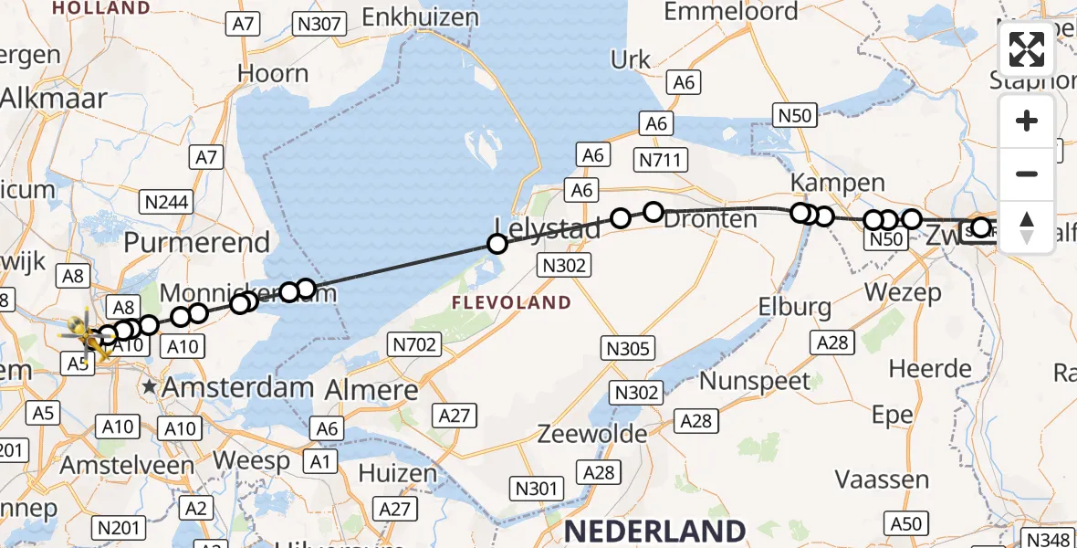 Vluchtroute Traumahelikopter Isala Hospital Zwolle Heliport - Amsterdam Heliport, 20 september 2026, 12:39