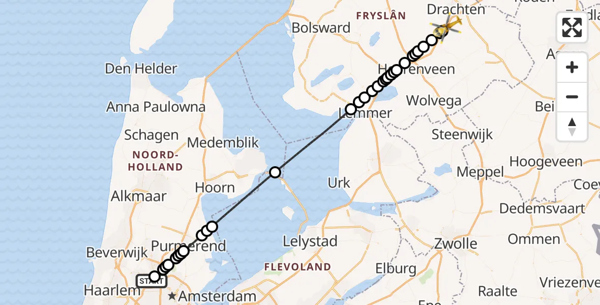 Vluchtroute Traumahelikopter Amsterdam Heliport - Beetsterzwaag, 20 september 2026, 13:20