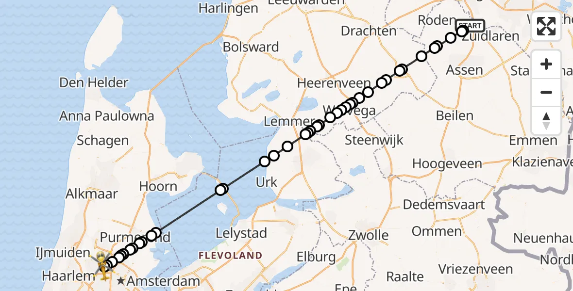 Vluchtroute Traumahelikopter Groningen Airport Eelde - Amsterdam Heliport, 20 september 2026, 15:08