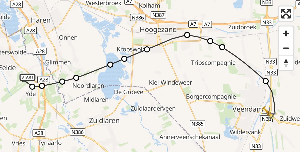 Vluchtroute Traumahelikopter Groningen Airport Eelde - Veendam, 20 september 2026, 16:25