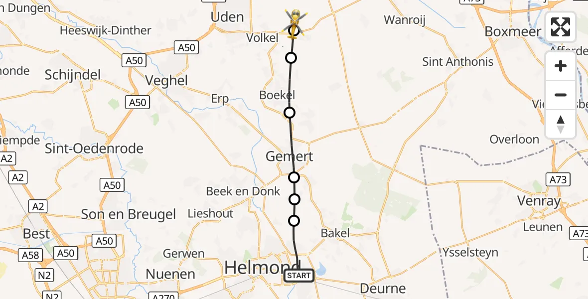 Vluchtroute Traumahelikopter Helmond - Vliegbasis Volkel, 20 september 2026, 16:36