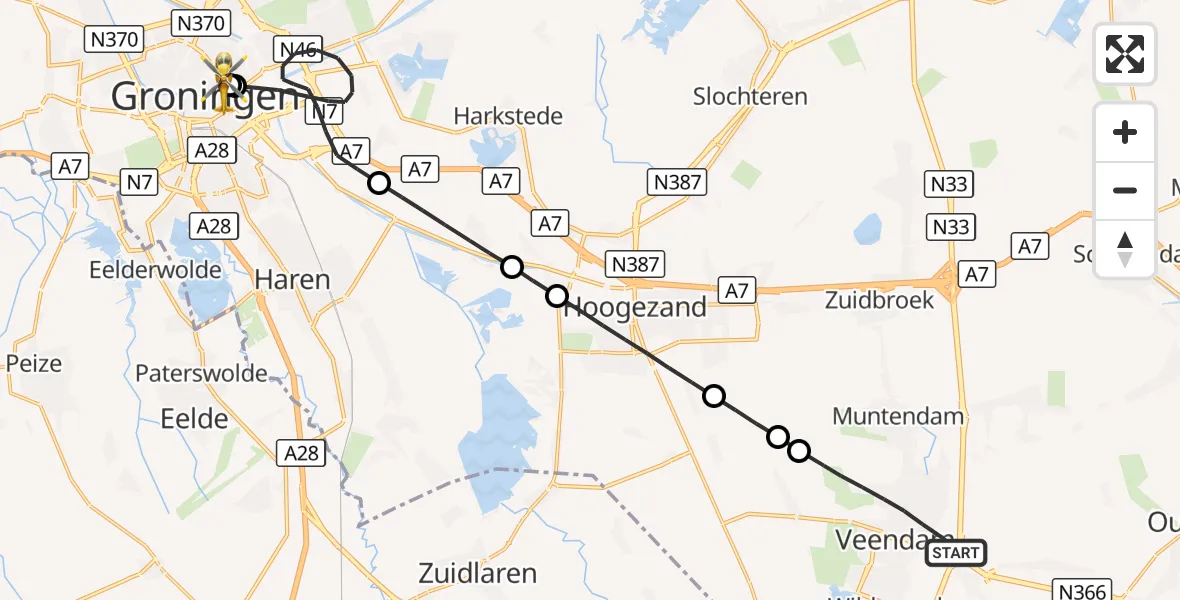 Vluchtroute Traumahelikopter Veendam - Universitair Medisch Centrum Groningen, 20 september 2026, 16:41