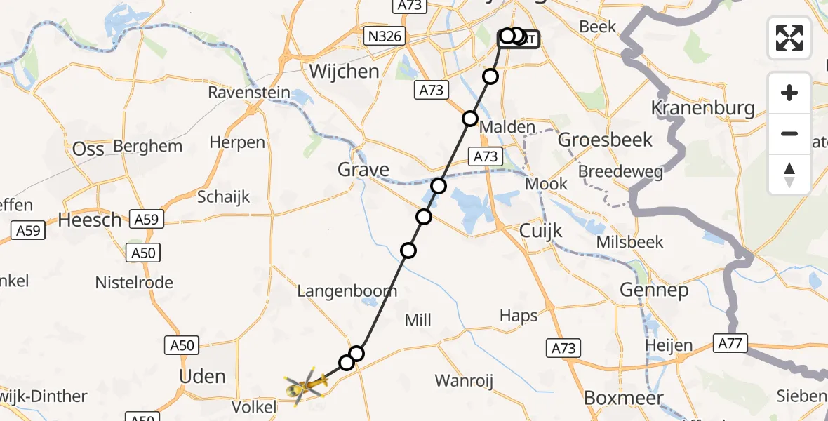 Vluchtroute Traumahelikopter Radboud Universitair Medisch Centrum - Vliegbasis Volkel, 20 september 2026, 18:52