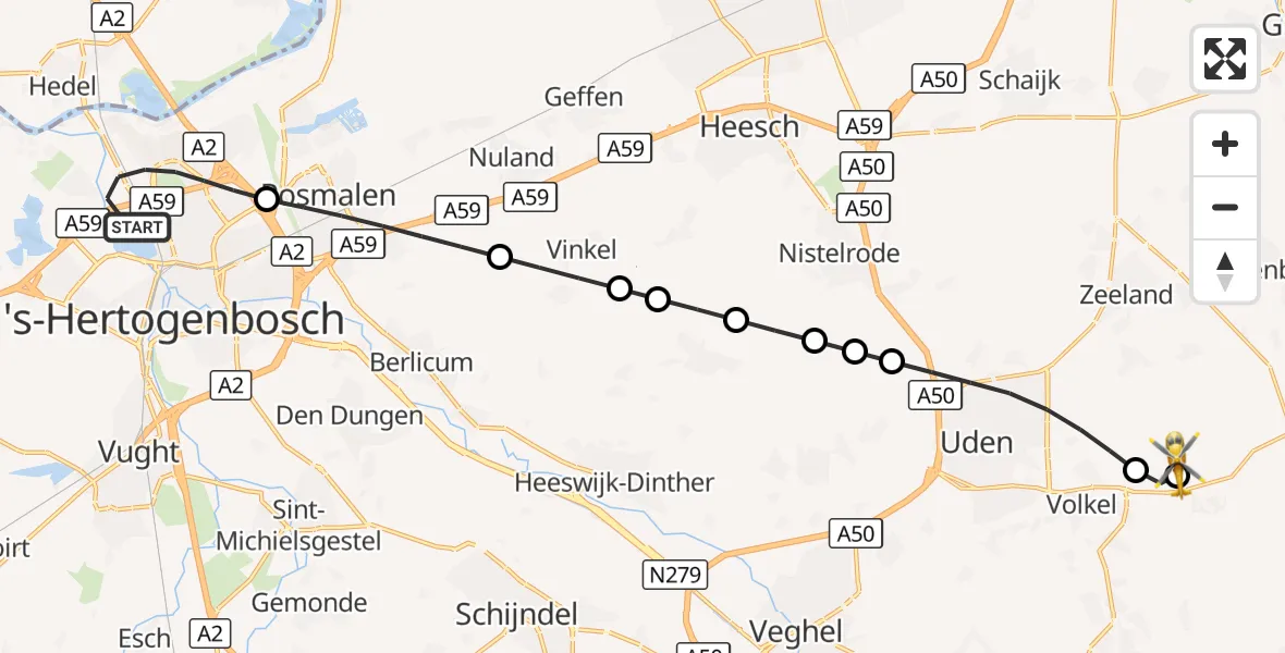 Vluchtroute Traumahelikopter 's-Hertogenbosch - Vliegbasis Volkel, 20 september 2026, 20:26