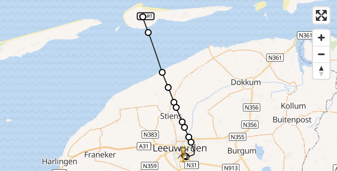 Vluchtroute Ambulancehelikopter Ameland Vliegveld Ballum - Leeuwarden Medical Center Heliport, 21 september 2026, 02:03