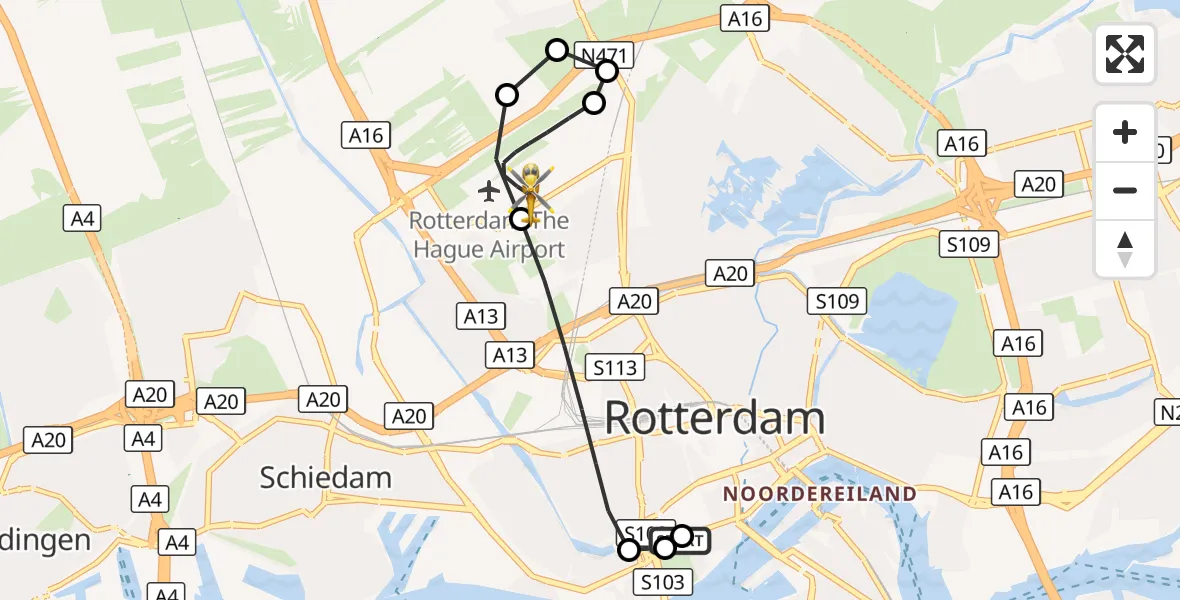 Vluchtroute Traumahelikopter Erasmus MC - Rotterdam The Hague Airport, 21 september 2026, 02:11