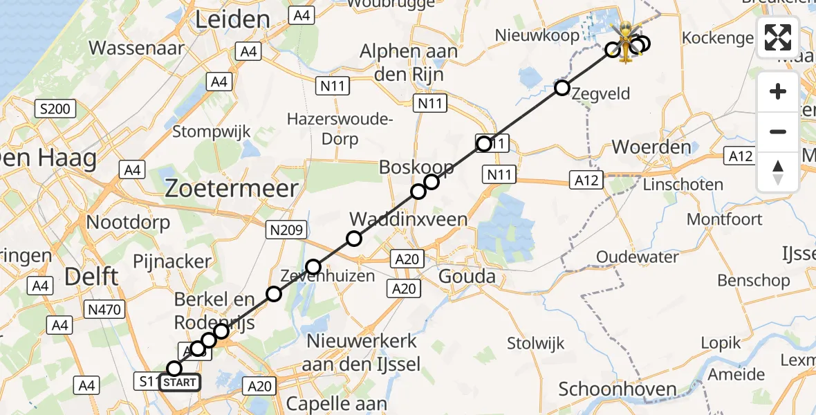 Vluchtroute Traumahelikopter Rotterdam The Hague Airport - Woerdense Verlaat, 21 september 2026, 02:58