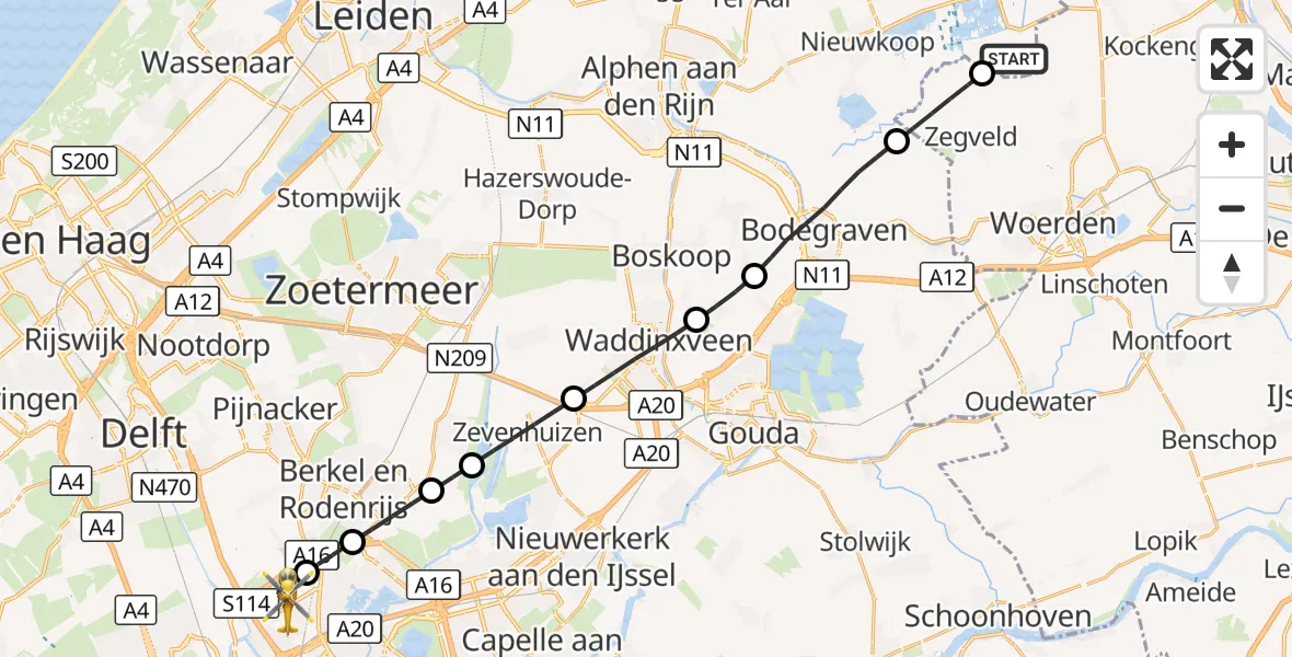 Vluchtroute Traumahelikopter Woerdense Verlaat - Rotterdam The Hague Airport, 21 september 2026, 03:26