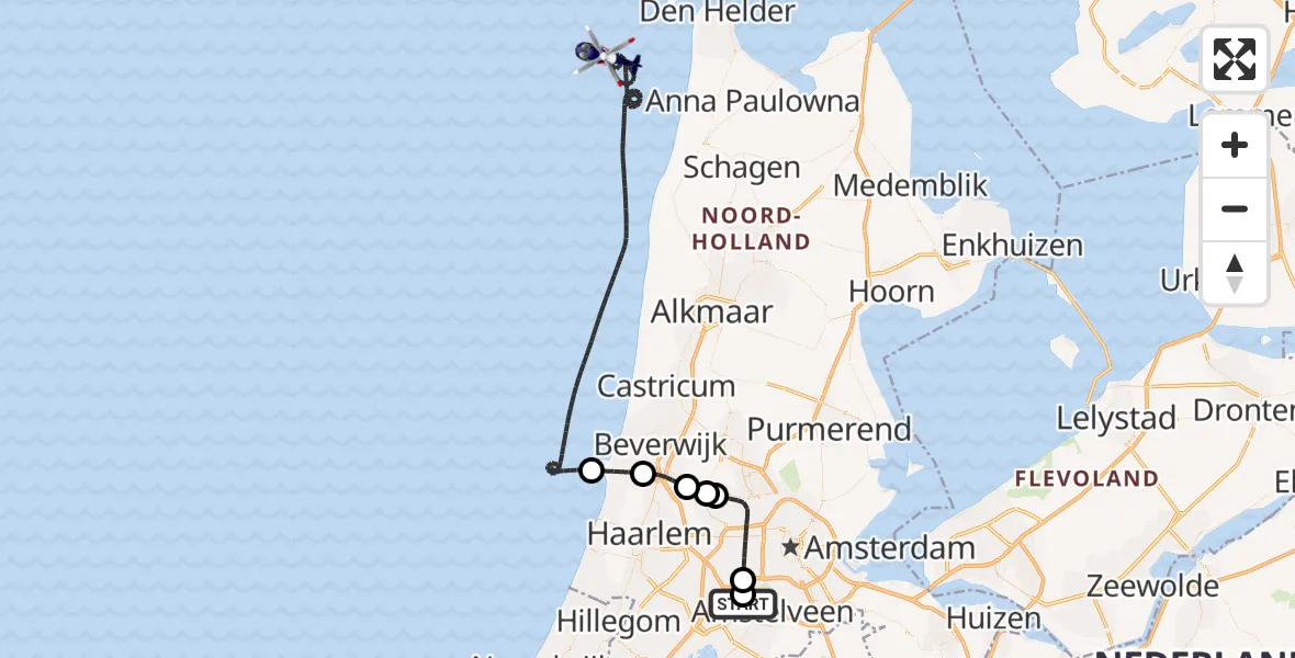 Vluchtroute Politiehelikopter Amsterdam Vliegveld Schiphol - Noordzee, 21 september 2026, 06:00