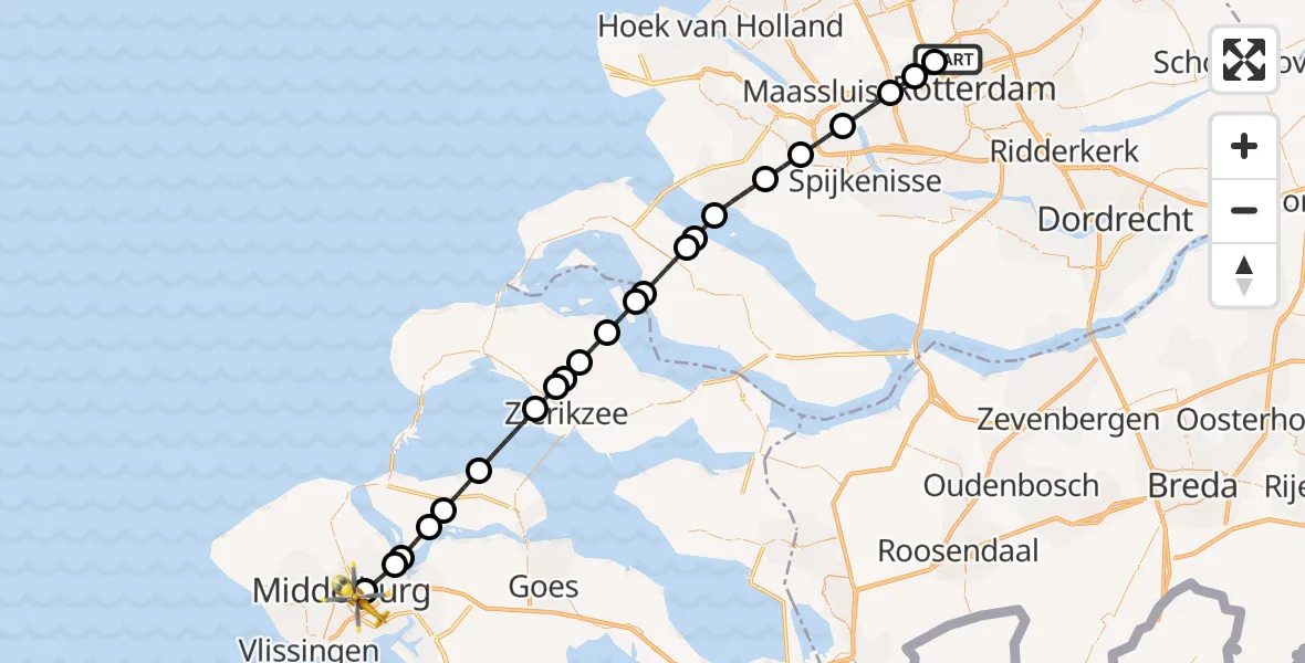 Vluchtroute Traumahelikopter Rotterdam The Hague Airport - Middelburg, 21 september 2026, 07:56