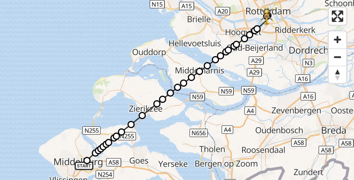 Vluchtroute Traumahelikopter Middelburg - Erasmus MC, 21 september 2026, 08:45