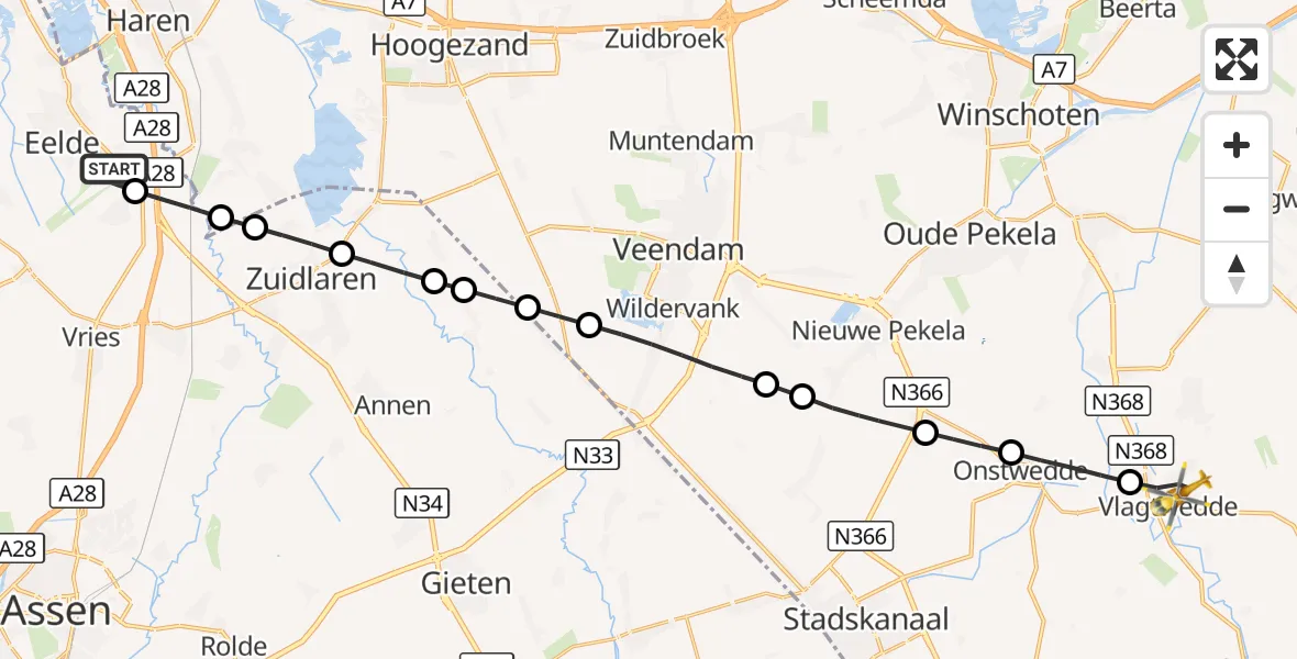 Vluchtroute Traumahelikopter Groningen Airport Eelde - Vlagtwedde, 21 september 2026, 08:55
