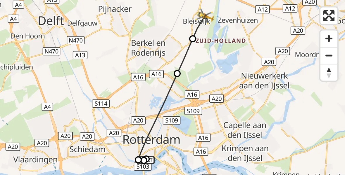 Vluchtroute Traumahelikopter Erasmus MC - Bleiswijk, 21 september 2026, 09:24