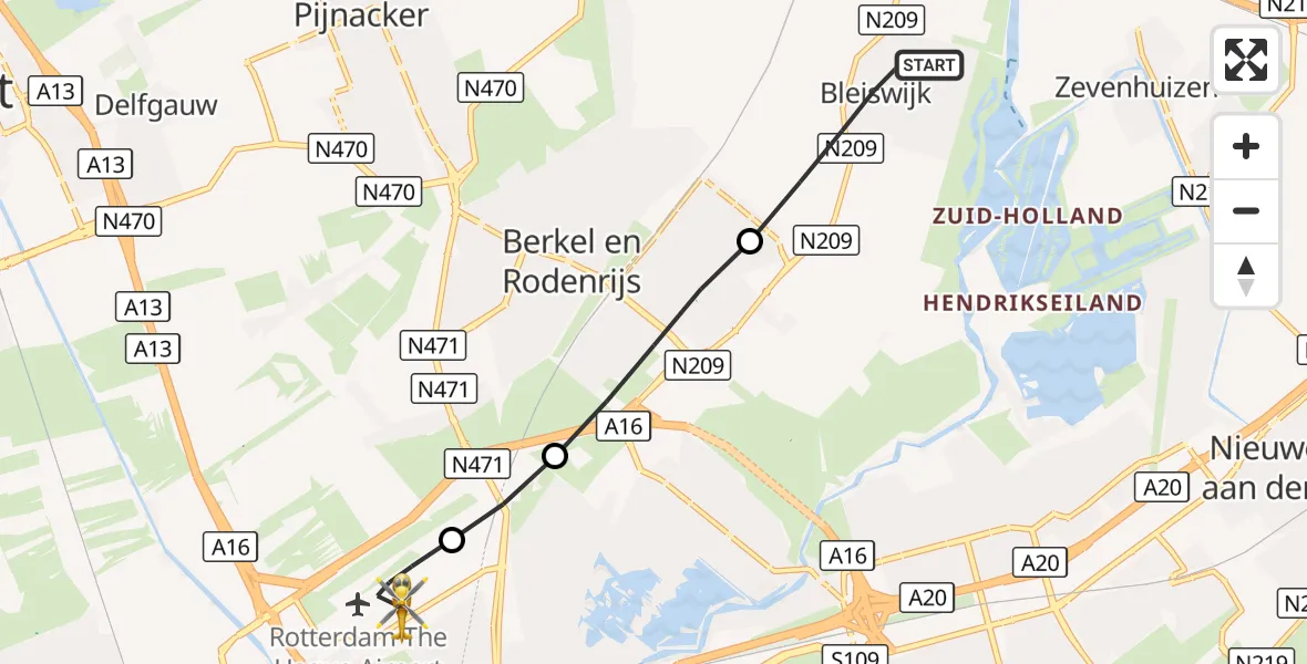 Vluchtroute Traumahelikopter Bleiswijk - Rotterdam The Hague Airport, 21 september 2026, 09:46