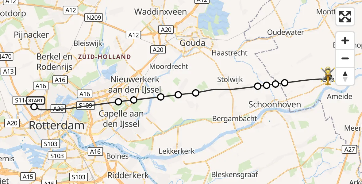 Vluchtroute Traumahelikopter Rotterdam The Hague Airport - Lopik, 21 september 2026, 10:06