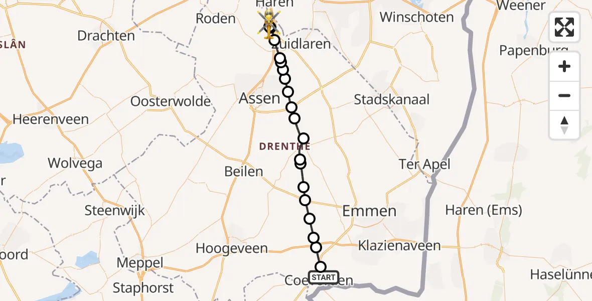 Vluchtroute Traumahelikopter Coevorden - Groningen Airport Eelde, 21 september 2026, 10:54
