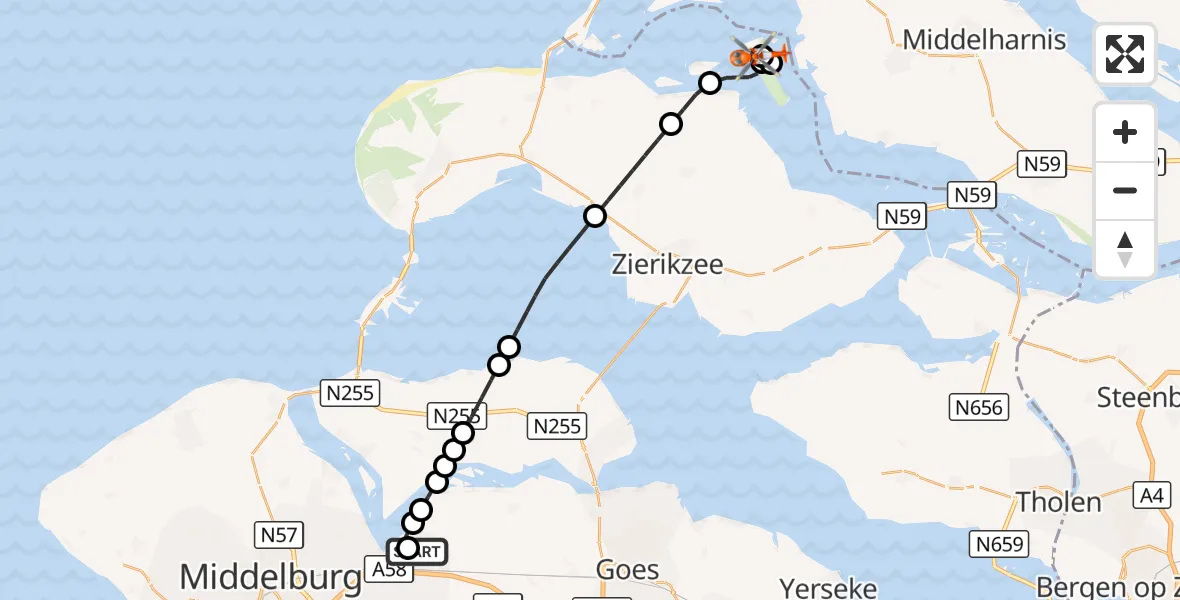 Vluchtroute Kustwachthelikopter Vliegveld Midden-Zeeland - Veermansplaat, 21 september 2026, 14:02