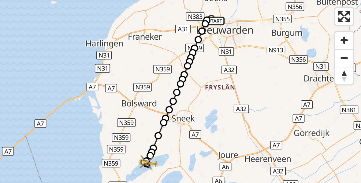 Vluchtroute Ambulancehelikopter Vliegbasis Leeuwarden - De Fluezen, 21 september 2026, 19:25