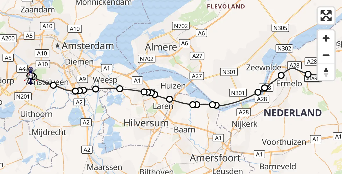 Vluchtroute Politiehelikopter Ermelo - Amsterdam Vliegveld Schiphol, 21 september 2026, 20:01