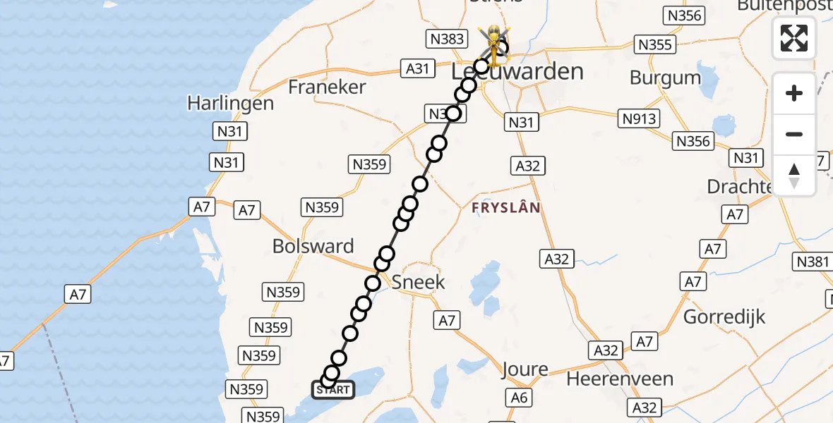 Vluchtroute Ambulancehelikopter It Heidenskip - Vliegbasis Leeuwarden, 21 september 2026, 20:13