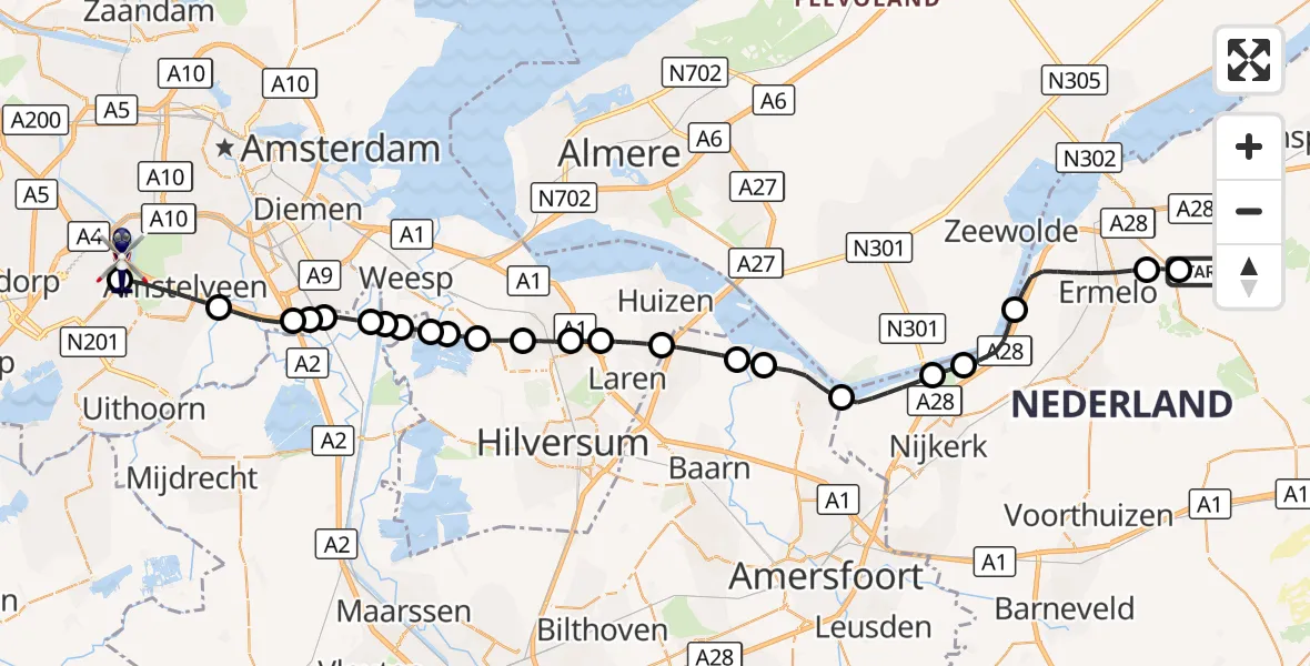 Vluchtroute Politiehelikopter Ermelo - Amsterdam Vliegveld Schiphol, 21 september 2026, 20:32