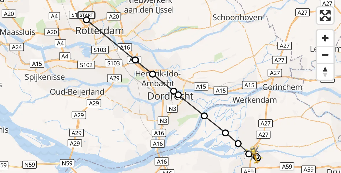 Vluchtroute Traumahelikopter Rotterdam The Hague Airport - Raamsdonksveer, 22 september 2026, 06:26