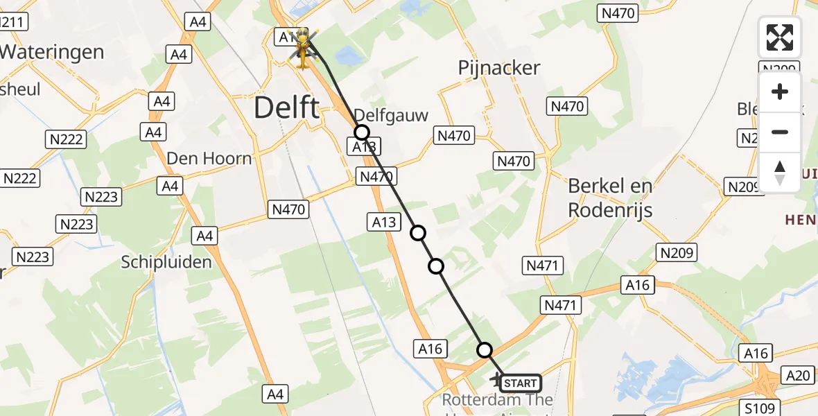 Vluchtroute Traumahelikopter Rotterdam The Hague Airport - Delft, 22 september 2026, 08:29