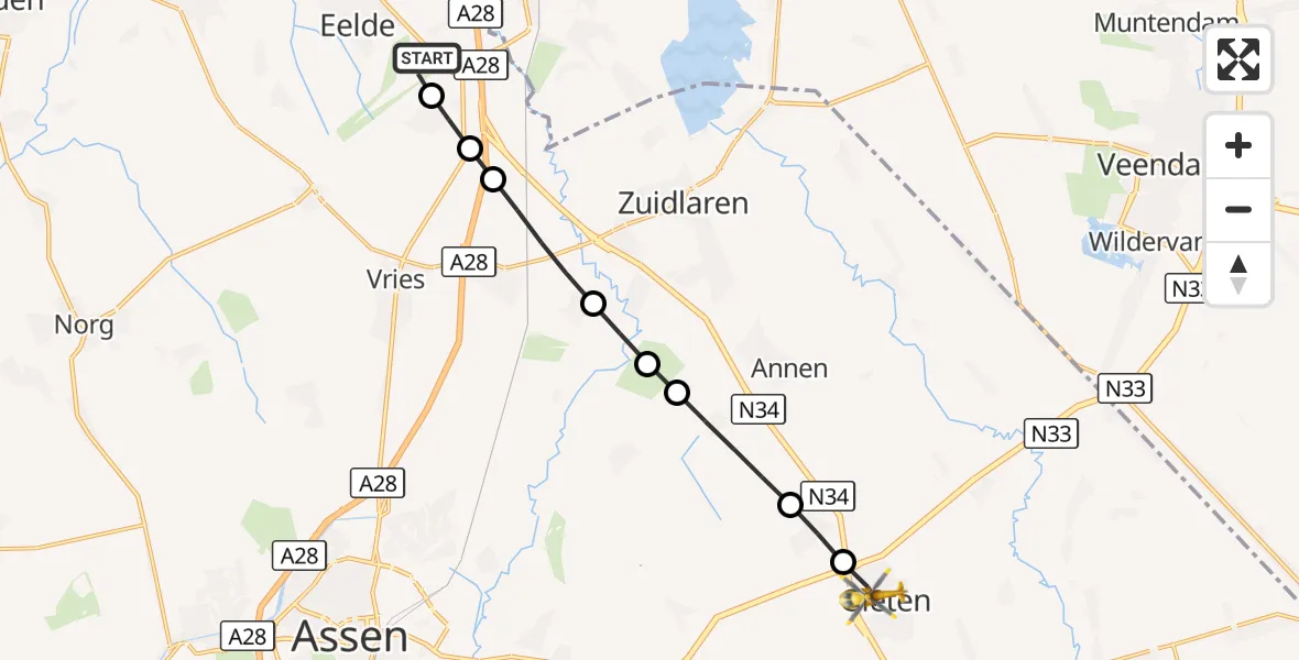 Vluchtroute Traumahelikopter Groningen Airport Eelde - Gieten, 22 september 2026, 12:18