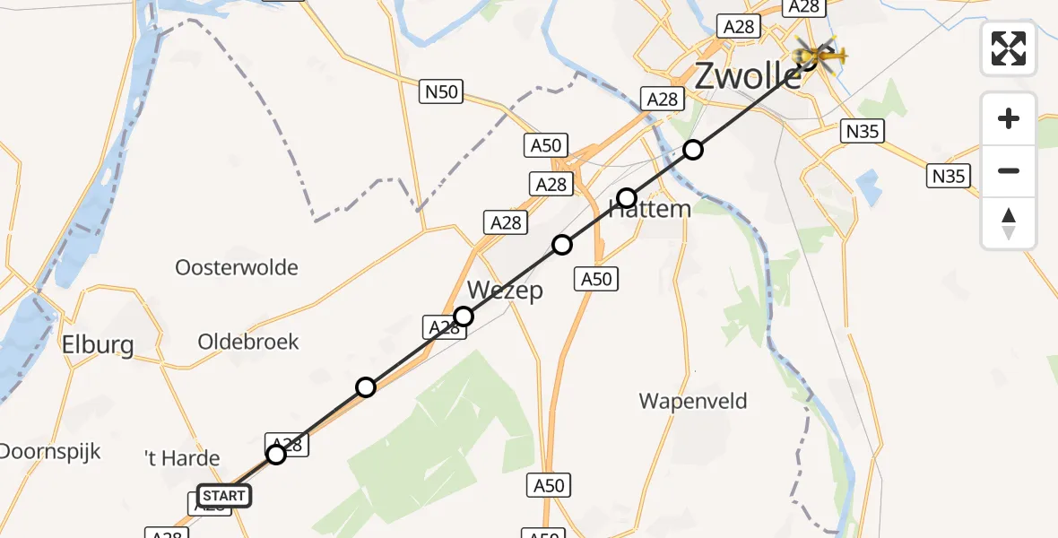 Vluchtroute Traumahelikopter 't Harde - Isala Hospital Zwolle Heliport, 22 september 2026, 14:38