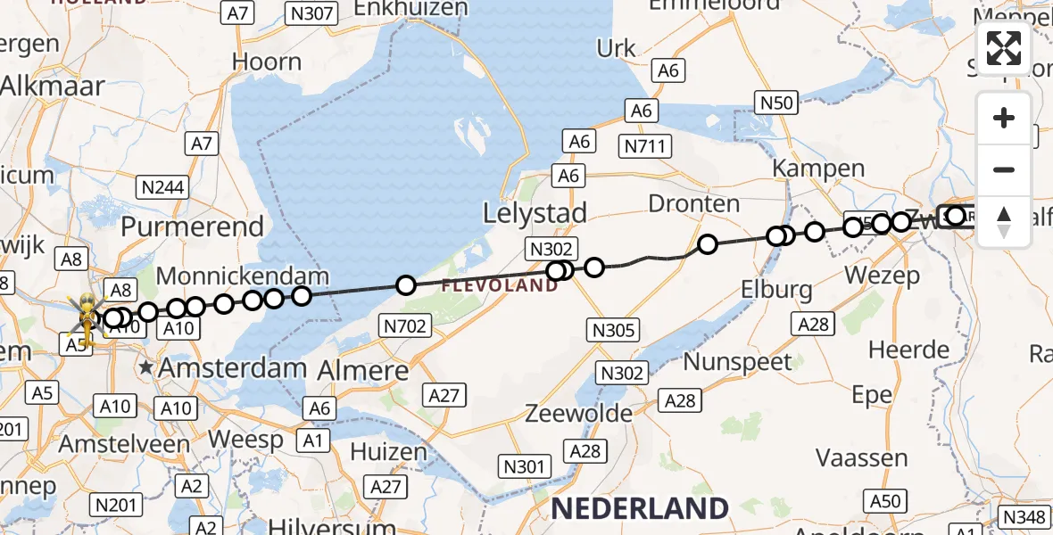 Vluchtroute Traumahelikopter Isala Hospital Zwolle Heliport - Amsterdam Heliport, 22 september 2026, 15:00