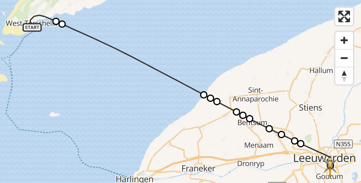 Vluchtroute Ambulancehelikopter West-Terschelling - Leeuwarden Medical Center Heliport, 22 september 2026, 15:04