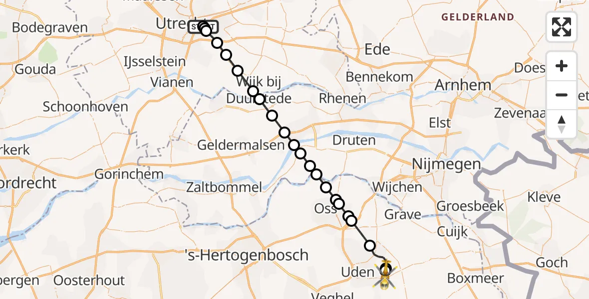 Vluchtroute Traumahelikopter Universitair Medisch Centrum Utrecht - Vliegbasis Volkel, 22 september 2026, 17:01